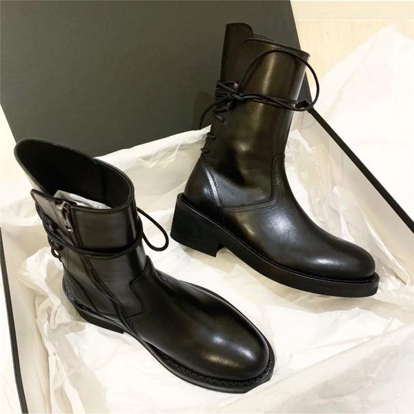

black bota feminina leather winter mid-calf botas mujer short boots women chunky heels booties women zapatos de mujer