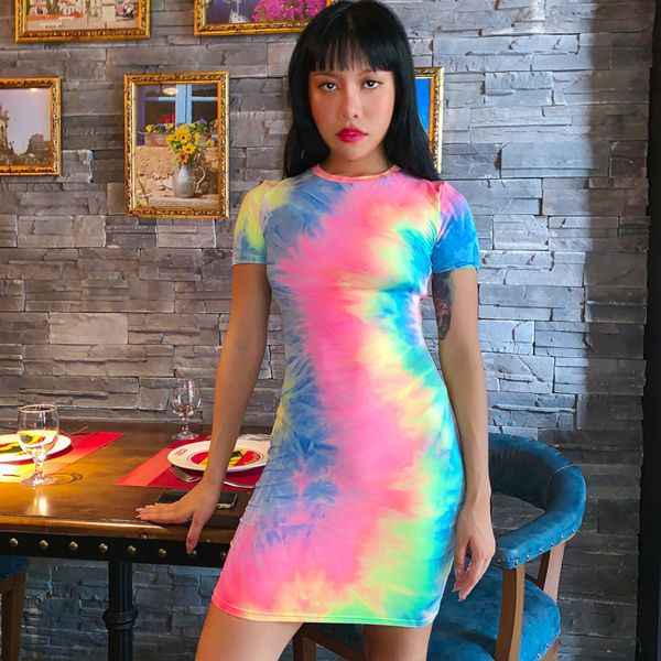 

women dresses casual robe tie dye print short sleeve 2020 summer autumn women fashion party streetwear colorful bodyon mini t shirt dress, Black;gray