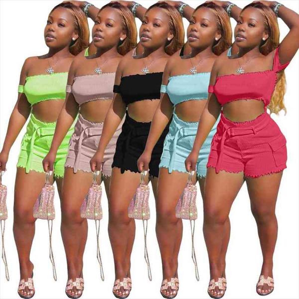 

women summer solid knitted off shoulder short sleeve crop amp safari shorts suit two piece set tracksuit 3 color glhr8016, Gray