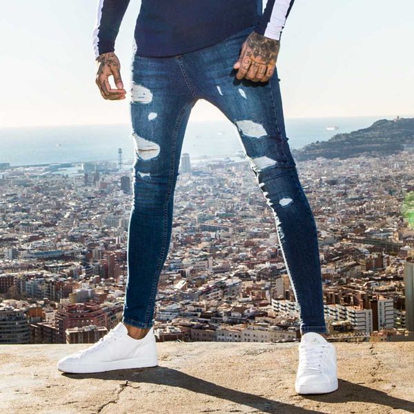 

men's jeans men casual skinny solid color close-fitting hole slim pencil pants fashion classic ripped denim trousers streetwear, Blue