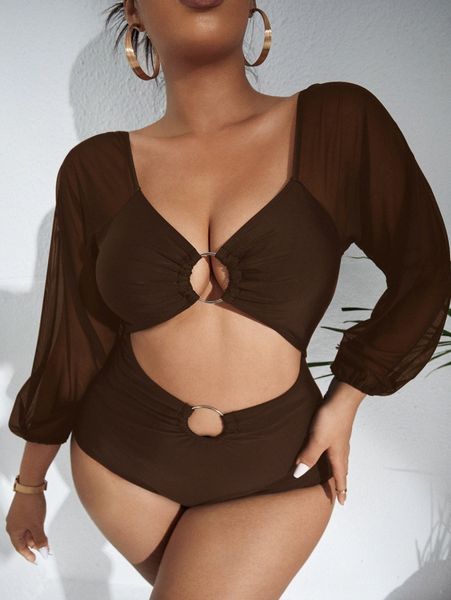 

plus plain ring linked cut out one piece swimsuit t7ta#, Black