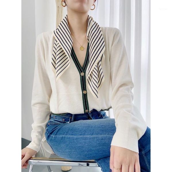 

women sweater classic contrasting color pocket knit cardigan women's soft waxy comfortable thin v-neck, White