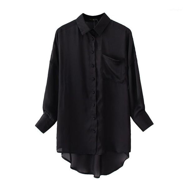 

2020 women black oversized loose pocket satin silk blouses shirts office lady summer boyfriend long sleeve button 1, White