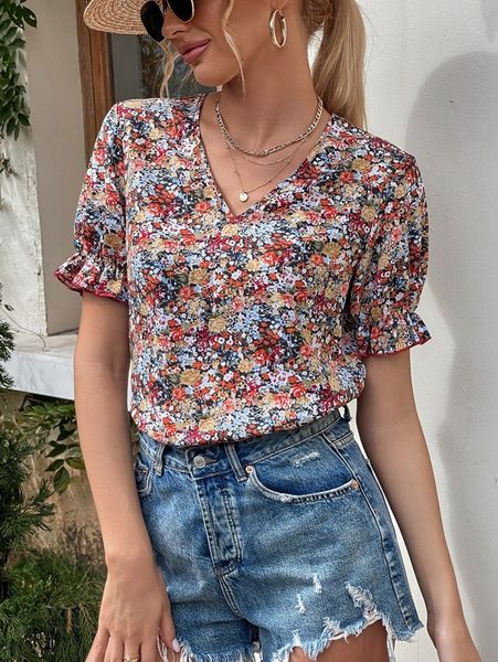 

floral print puff sleeve blouse x032#, White