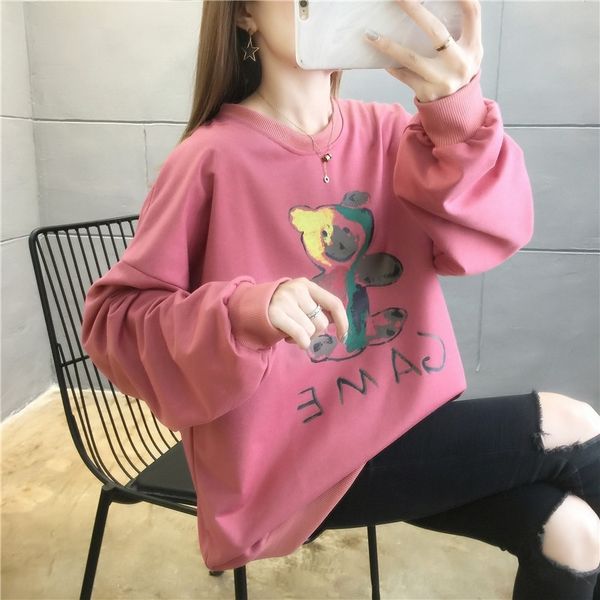 

5bavy осень хлопок корейская свободно top топ 2020 шеи экипажа мультфильм печать свитера с длинным рукавом свитера женщин крупных женщин lbk, Black