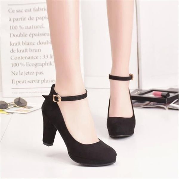 

women's fashion pumps sweet woman thick high heels ankle strap flock female platform mary jane women shoes ladies footwear #il0o, Black