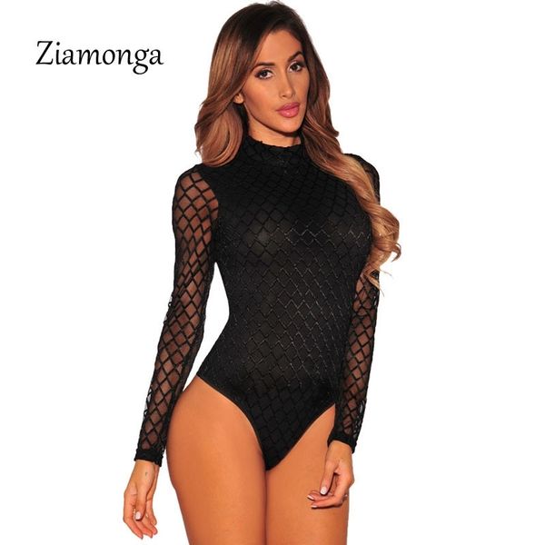 Ziamonga Black Sheer Mesh Manica lunga Body Donna Top Bodycon Fitness Tuta Pagliaccetto Fashion Latex Sexy Tuta sottile T200323