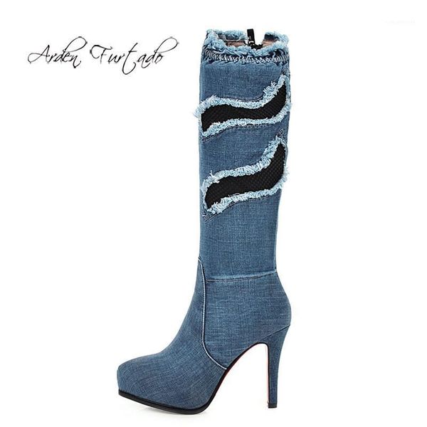 

boots arden furtado 2021 fashion spring women's shoes pointed toe stilettos heels knee high zipper pure color blue jeans boots1, Black