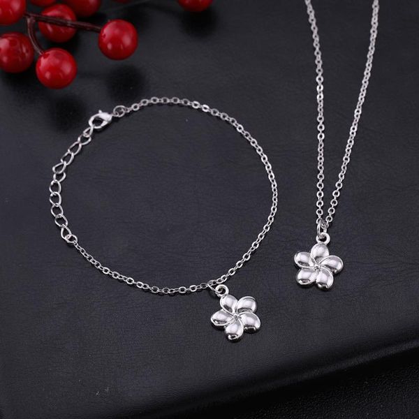 

teamer cute blooming plumeria flower charm bracelet adjustable link chain gold silver color necklace simple jewelry set gifts