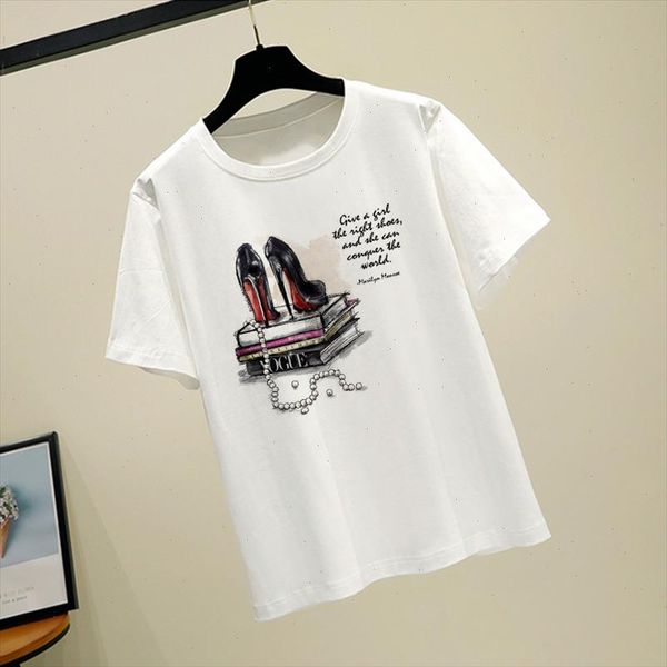 

vogue letter fashion cartoon high heels printing casual tee new summer loose ladies fun t shirt short sleeved women clothing, White
