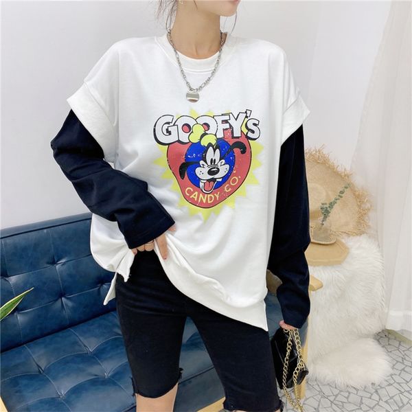 

korean sweater autumn new women's casual versatile cartoon print sleeve loose fake two piece loose sweater women bbzei, Black