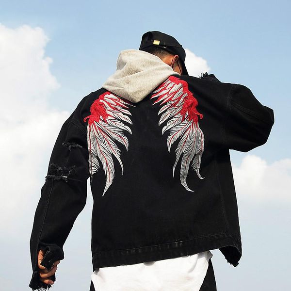 

men's jackets men brand black hole distressed denim high street wing embroidery jeans jacket plus size coat hip hop streetwear, Black;brown