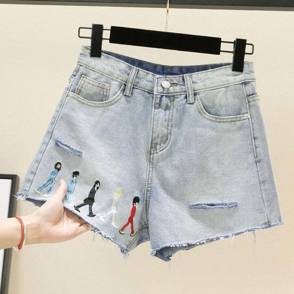

women's jeans summer 2021 griles denim plus size fat mm edge ripped shorts female korean high waist loose thin wide leg pants, Blue