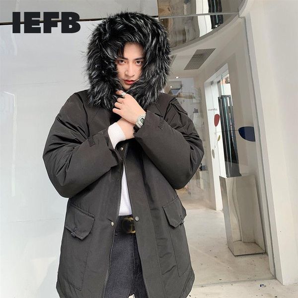 

iefb new hooded black cotton padded jackets men's fashionable comfortable fur collar hooded zipper mid length winter coat 9y4691