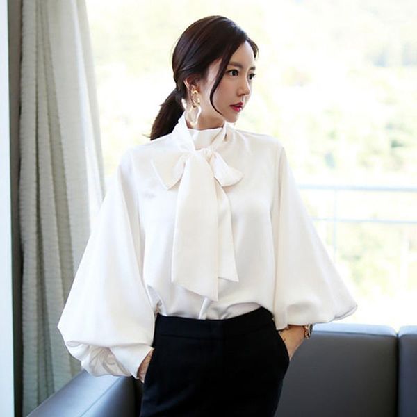 

2018 autumn women blouse fashion lantern sleeve bow stand collar chiffon loose female blouses shirts solid white clothing1