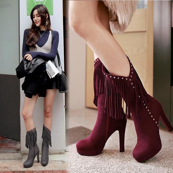 

women autumn winter platform square high heel knee high boots fashion fringe zipper boots female rivets party dress shoes, Black