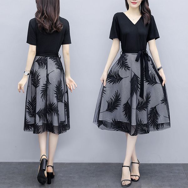 

womens plus size summer crocheted shredded short sleeves skater line skinny swing dress casual en9d, Black;gray