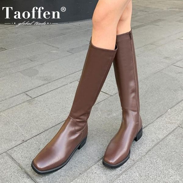 

taoffen women knee high boots real leather square toe women winter long boots fashion winter shoes footwear size 34-391, Black