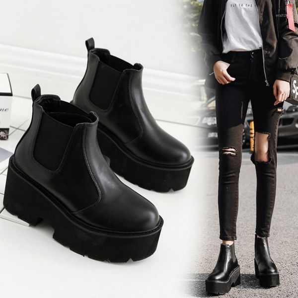 

2021 platform boots women elastic band riding botas pu leather high heels shoes classic thicken soled short ankle booties female1, Black