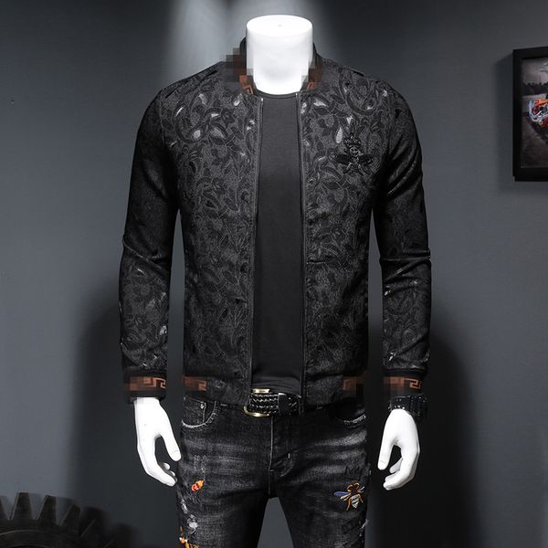 

2021 autumn and winter new tide models men's clothing embroidered crown small bee dark flower medal jacket slim zipper jacket, Black;brown