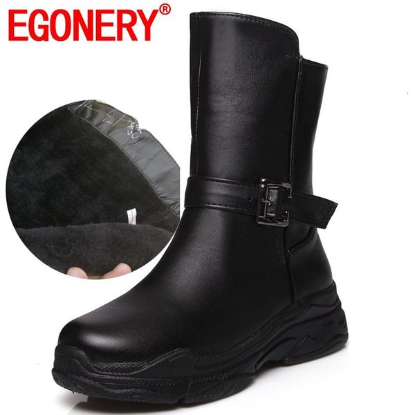 

egonery 2020 casual wild ladies snow boots women shoes metal decoration slip-on winter plush warm inside woman booties, Black