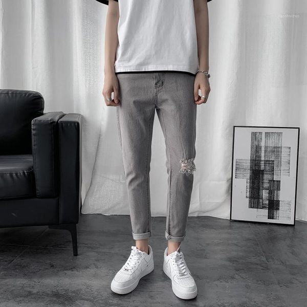

2021 autumn cool men slim ripped pencil jeans fashion trend harem denim length trousers male casual thin leggings cropped pants1, Blue