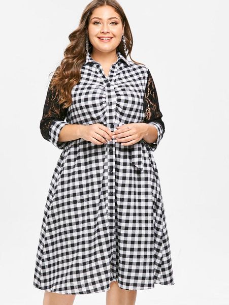 

retro plus size plaid vintage dress women 2020 spring autumn lace insert checked vestidos mujer casual office lady work dresses1, Black;gray