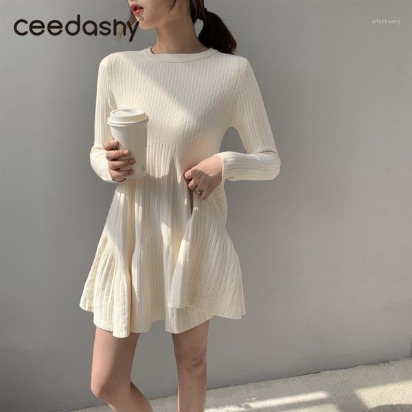 

2021 elegant ribbed a line women knitted sweater dress autumn woman white korean style fashion o neck long sleeve jumper dresses1, Black;gray