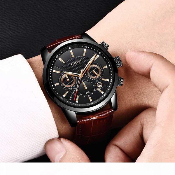 

sport watch men leather lige new mens watches waterproof clock quartz wristwatch relogio with box, Slivery;brown