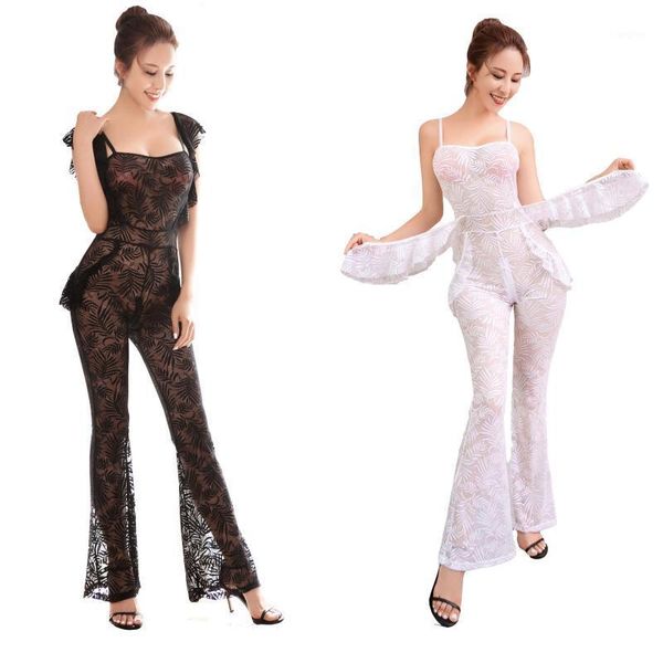 

women sheer floral bodycon jumpsuits tight bodysuit flared bell bottoms zip back playsuit dance wear1, Black;white
