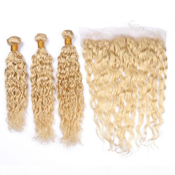 

wet and wavy #613 blonde 13x4 full lace frontal closure with bundles virgin blonde brazilian human hair wefts water wave with frontal, Black