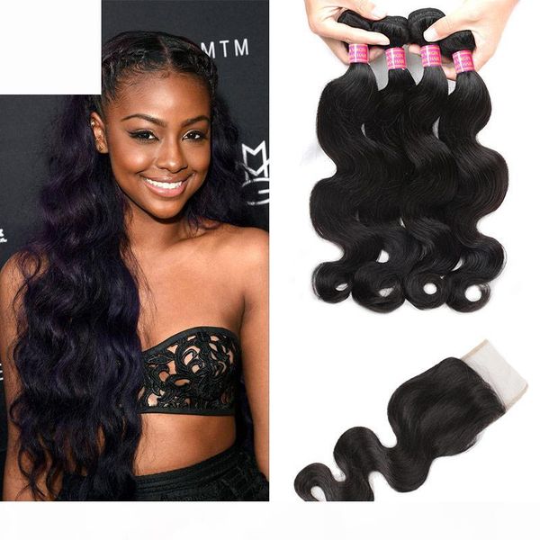 

buy 8a mink hair body wave 4 bundles with closure virgin brazilian peruvian indian malaysian human hair weave bundles with closure wholesale, Black