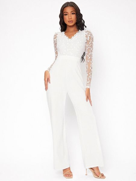 

tall floral embroidered mesh bodice tie backless jumpsuit a2ti#, White