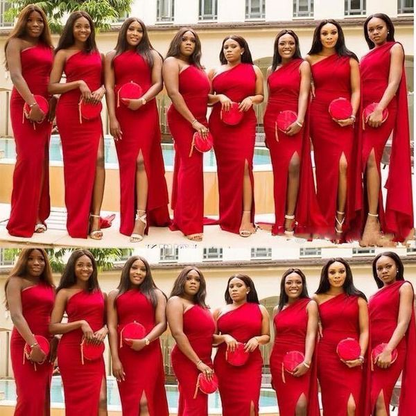 

2020 red mermaid bridesmaid dresses one shoulder side split wedding guest gowns back zipper custom made african maid of honor dress, White;pink