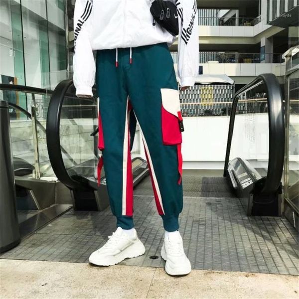 

hit color splice men vintage cargo pants mens hiphop pockets joggers pants male fashion sweatpants winter overalls1, Black