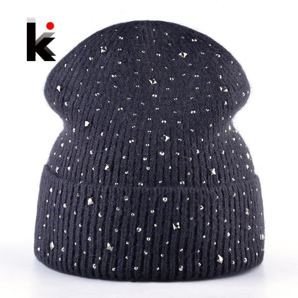 

rhinestone knitted beanies women winter knit wool hat for girls thick skullies beanie caps ladies fashion solid touca inverno, Blue;gray
