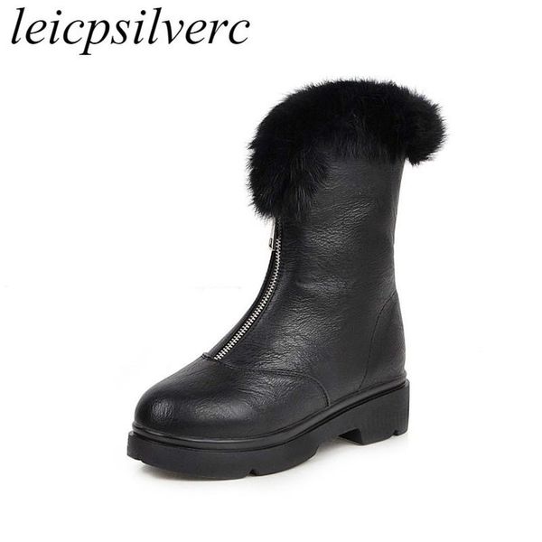 

women boots autumn winter med heel warm hair pu platform zip mid-calf snow shoe 2020 new sweet fashion black brown