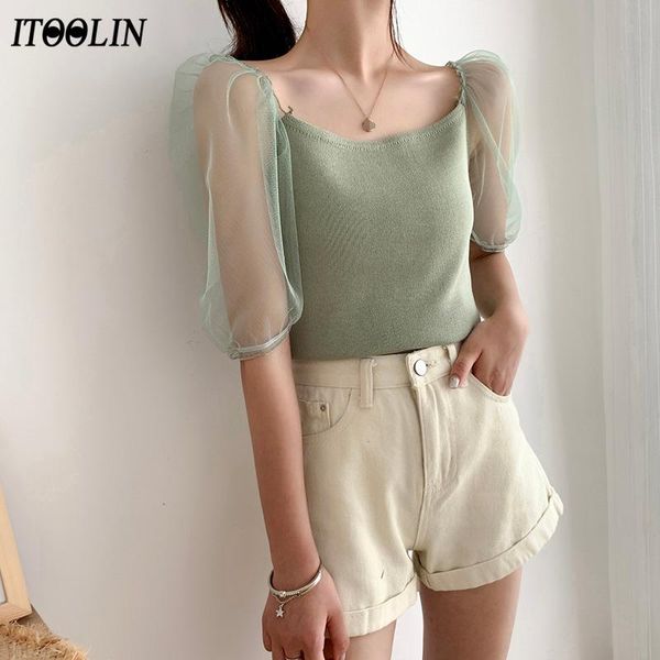 

itoolin fashion knitted horizontal neck shirt female solid gauze short sleeve patchwork shirt for women 2020 summer, White
