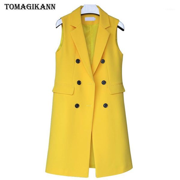 

solid long style women suit vest 2019 korean female flap pockets double breasted turn down collar waistcoat femme colete 1, Black;white