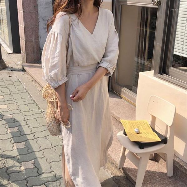 

cbafu vintage v neck cotton dress women loose solid brief casual split sundress with waistbelt half sleeve long dresses f4171, White;black