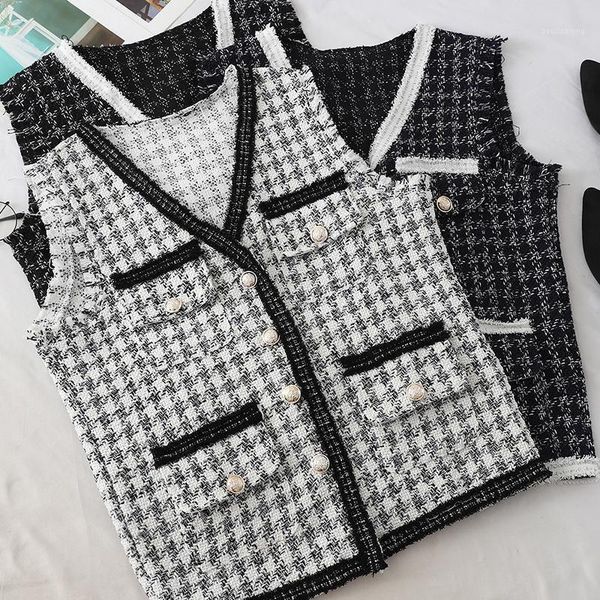 

mumuzi 2020 women retro plaid tweed vest houndstooth waistcoat pockets sleeveless tassels jacket outerwear female 1, Black;white
