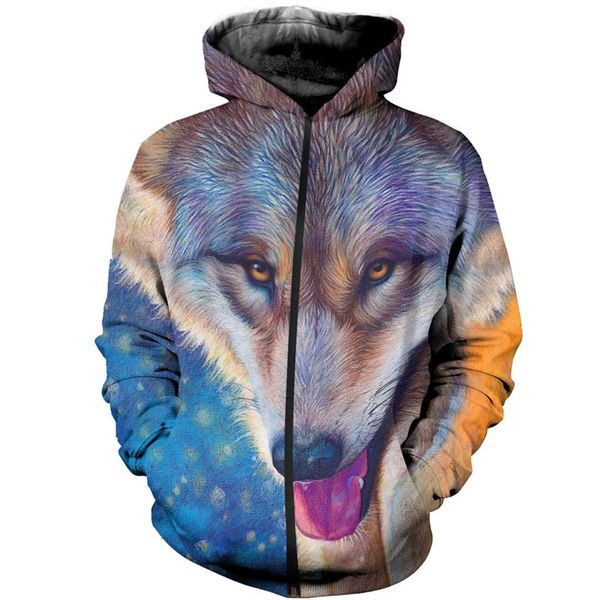 

zipper hoodie wolf jacket 3d print sweatshirt men/women thin hoodie with hat print colorful blocks wolf hooded coats couples s-5xl, Black