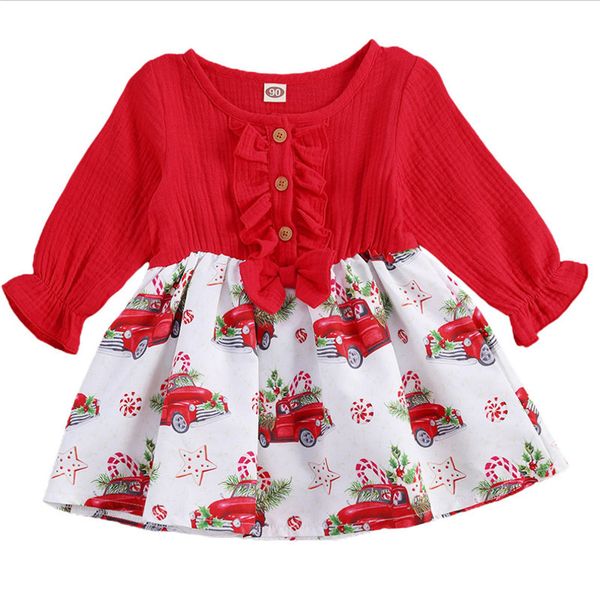 

baby girl christmas car printed long sleeve dress bow decoration elastic cuffs red autumn spring clothing 6 months-4years 1023, Red;yellow