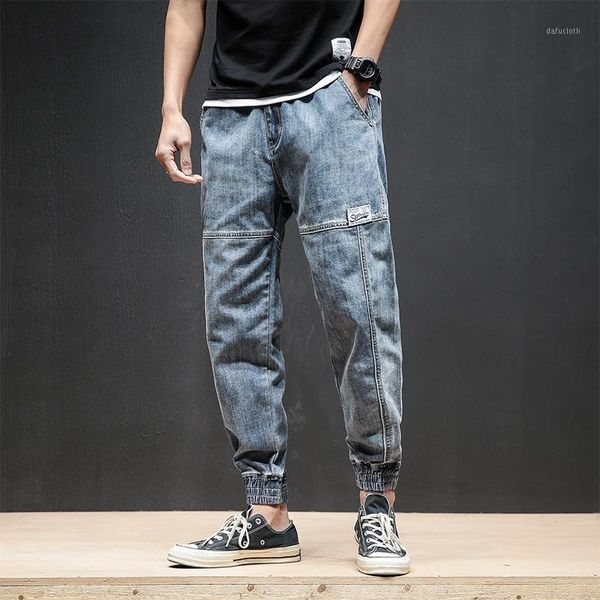 

2018 autumn and winter new youth fashion personality loose comfortable casual tide men's stitching japanese harlan beamed jeans1, Blue