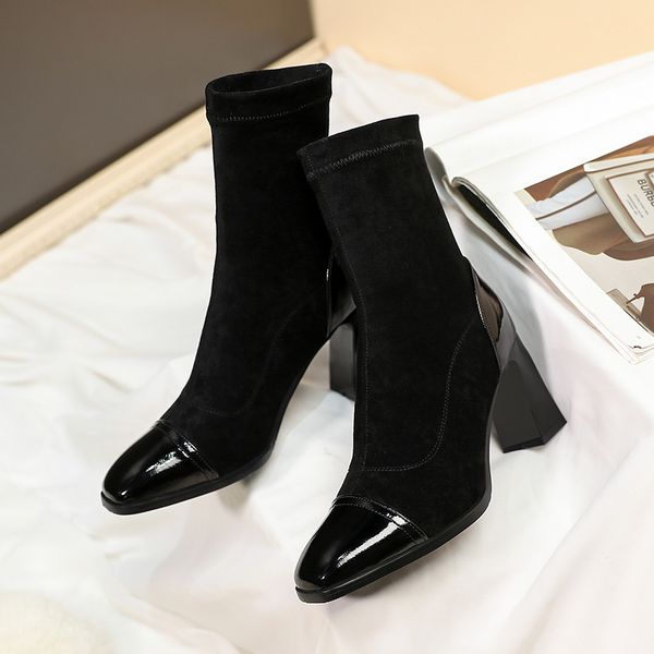 

2021 new high heel winter ankle patent leather flock women shoes square toe fashion short boots big size 34-43 cayv, Black