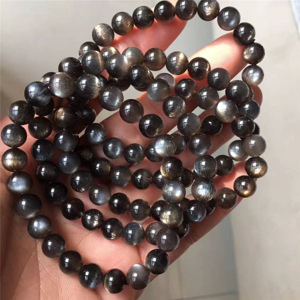 

7mm genuine black natural moonstone sunstone bracelets for women female stretch crystal round bead natural stone bracelet