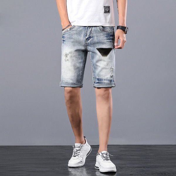 

mens denim shorts classical cartoon eagle pattern printed men's jeans fashion straight stylist pants knee length slim casual new arriva, Blue