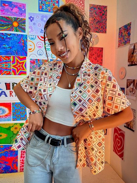 

geometric print button up blouse b3x6#, White