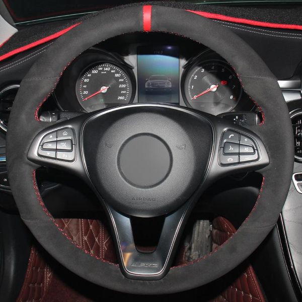 

diy black suede red marker car steering wheel cover for mercedes-benz c180 c200 c260 c300 b200