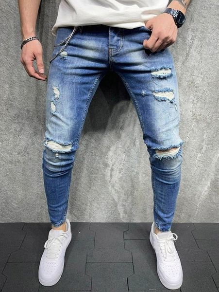 

men slant pocket ripped jeans without chain r101#, Blue